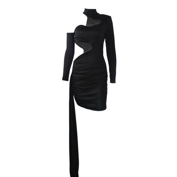 Open Shoulder One Sleeve Cut Out Bodycon Little Black Dress - Picture 3 of 4